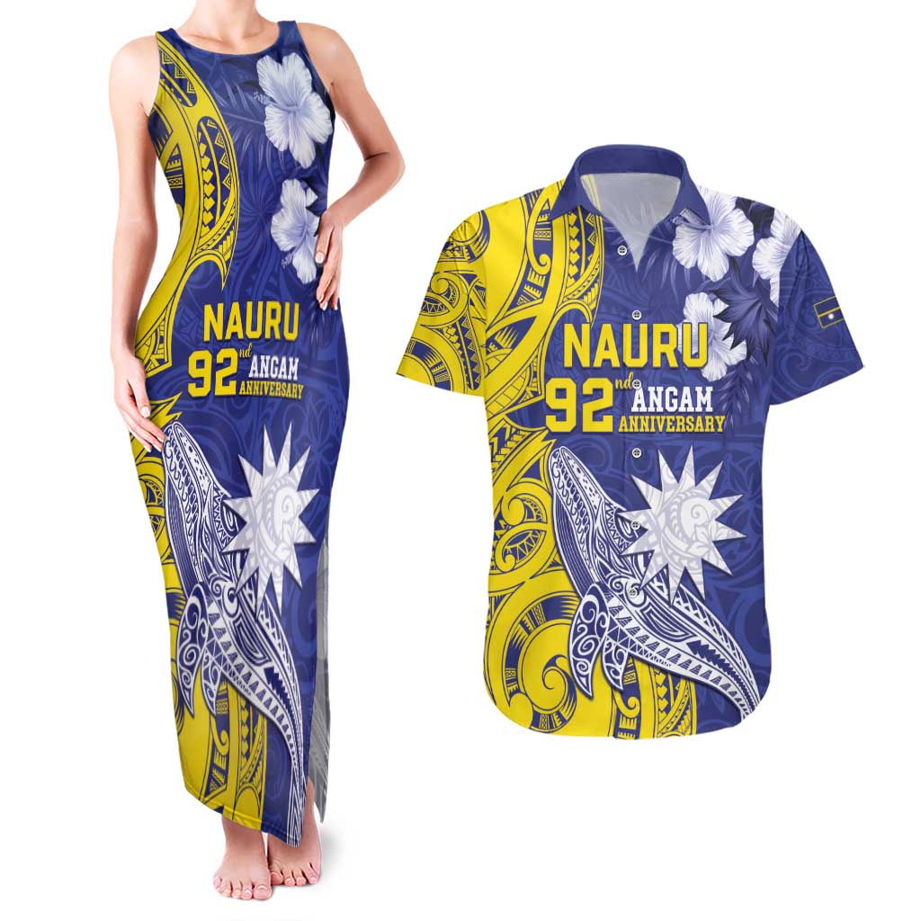 Personalised Nauru 92nd Anniversary Of Angam Couples Matching Tank Maxi Dress and Hawaiian Shirt Polynesian Whale Pattern