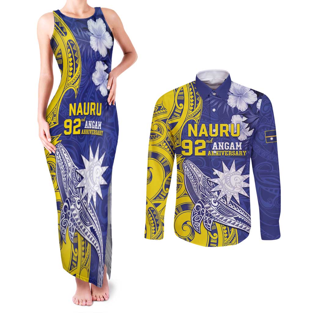 Personalised Nauru 92nd Anniversary Of Angam Couples Matching Tank Maxi Dress and Long Sleeve Button Shirt Polynesian Whale Pattern