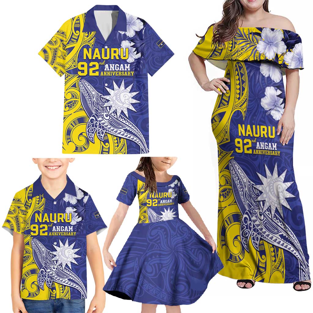 Personalised Nauru 92nd Anniversary Of Angam Family Matching Off Shoulder Maxi Dress and Hawaiian Shirt Polynesian Whale Pattern