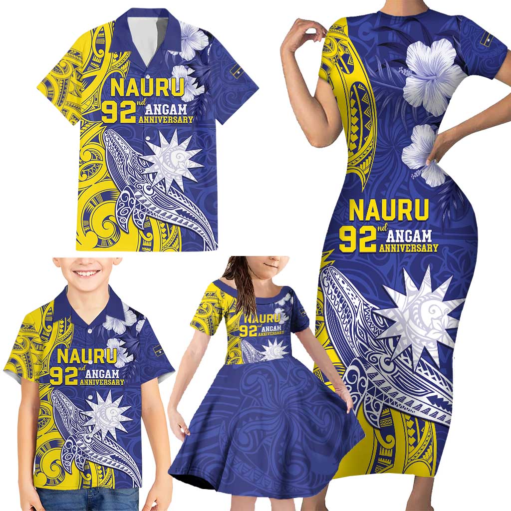 Personalised Nauru 92nd Anniversary Of Angam Family Matching Short Sleeve Bodycon Dress and Hawaiian Shirt Polynesian Whale Pattern