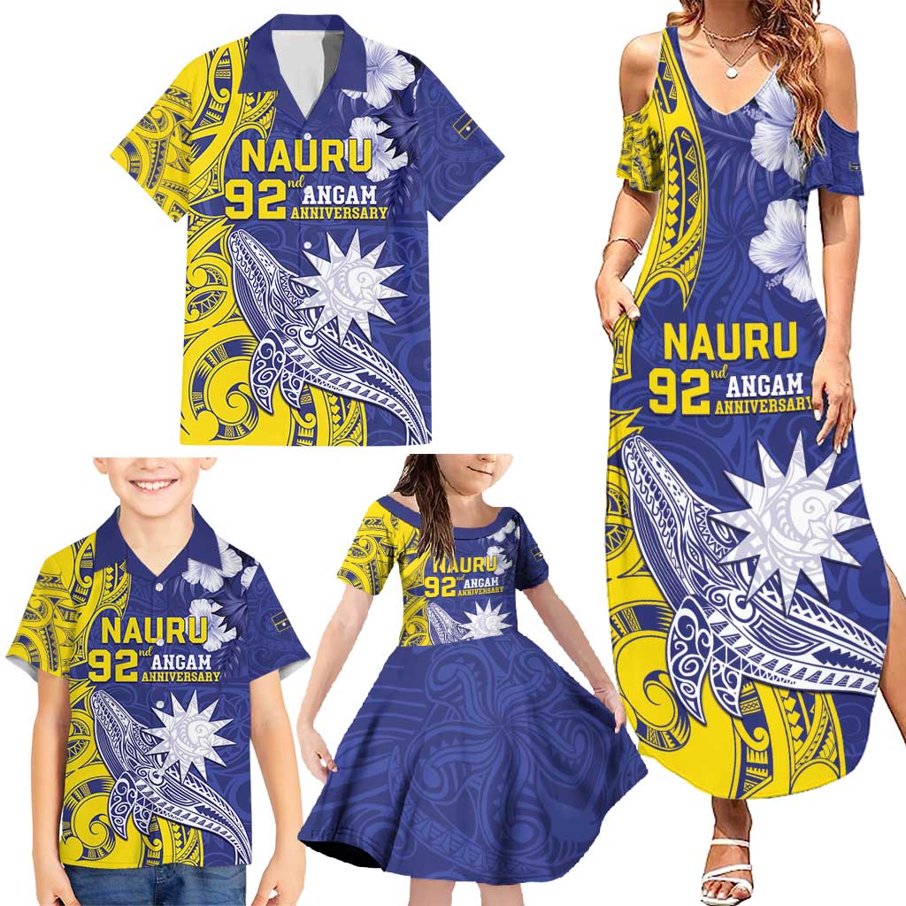 Personalised Nauru 92nd Anniversary Of Angam Family Matching Summer Maxi Dress and Hawaiian Shirt Polynesian Whale Pattern