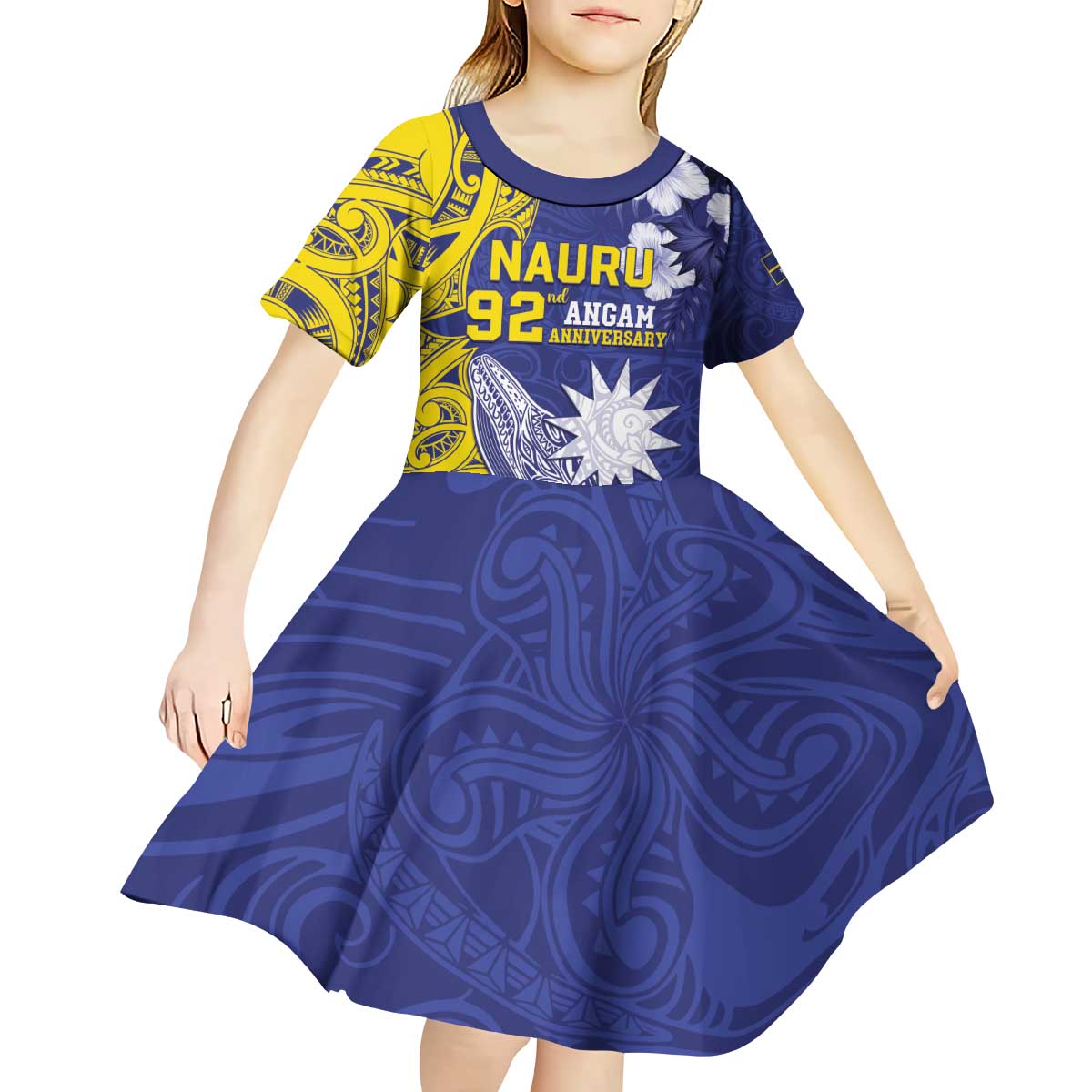 Personalised Nauru 92nd Anniversary Of Angam Kid Short Sleeve Dress Polynesian Whale Pattern