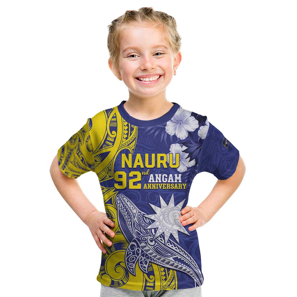 Personalised Nauru 92nd Anniversary Of Angam Kid T Shirt Polynesian Whale Pattern