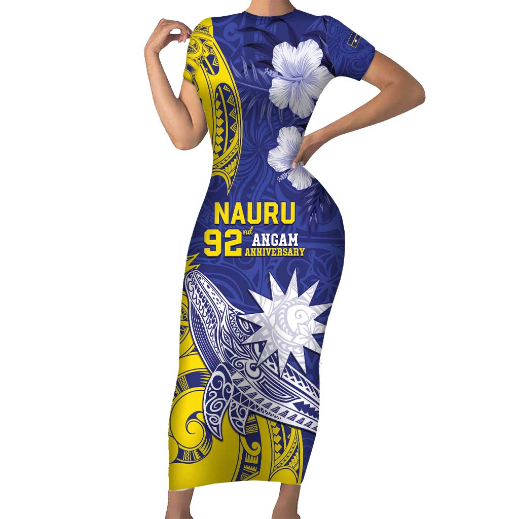 Personalised Nauru 92nd Anniversary Of Angam Short Sleeve Bodycon Dress Polynesian Whale Pattern