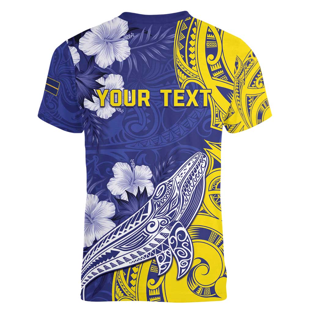 Personalised Nauru 92nd Anniversary Of Angam Women V-Neck T-Shirt Polynesian Whale Pattern