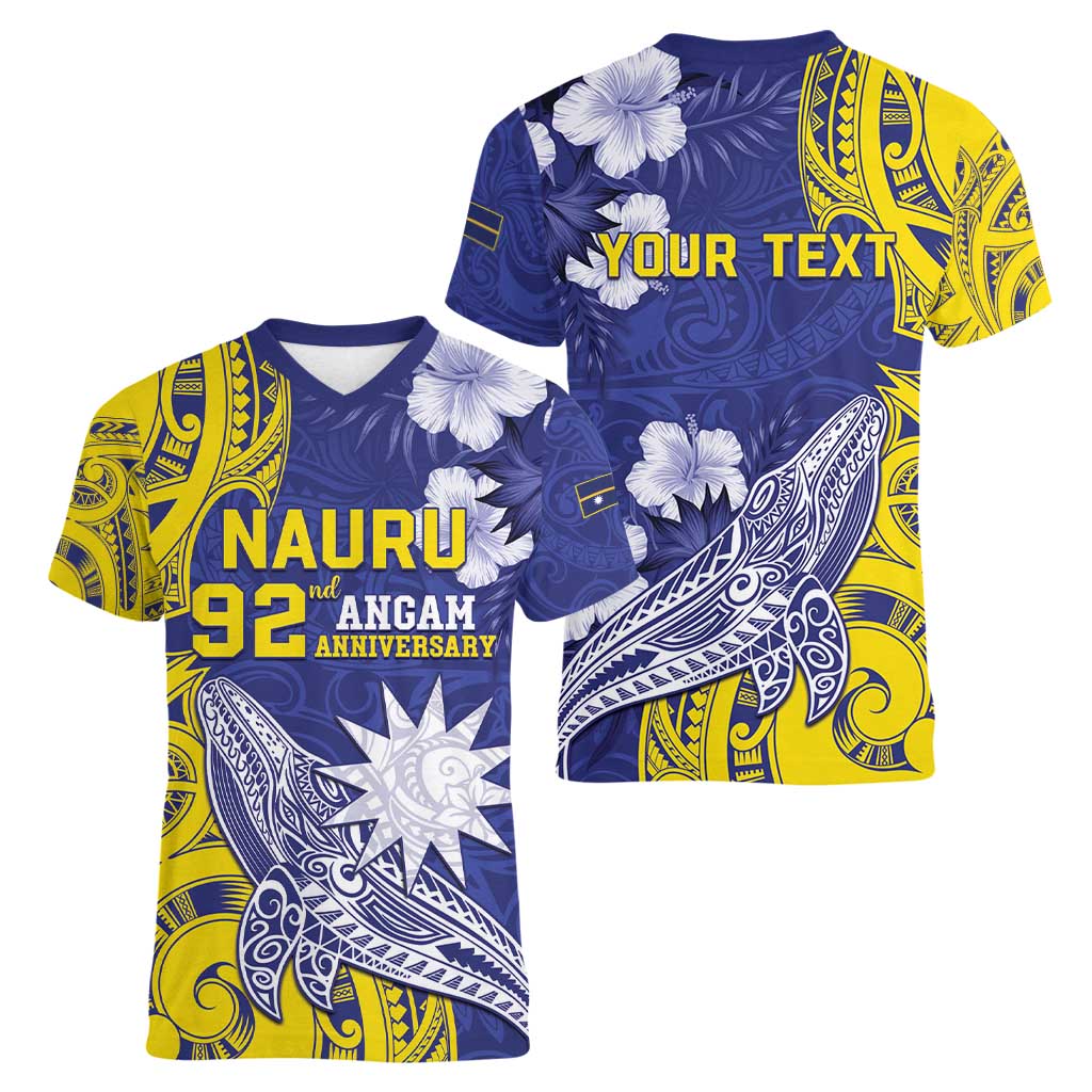 Personalised Nauru 92nd Anniversary Of Angam Women V-Neck T-Shirt Polynesian Whale Pattern