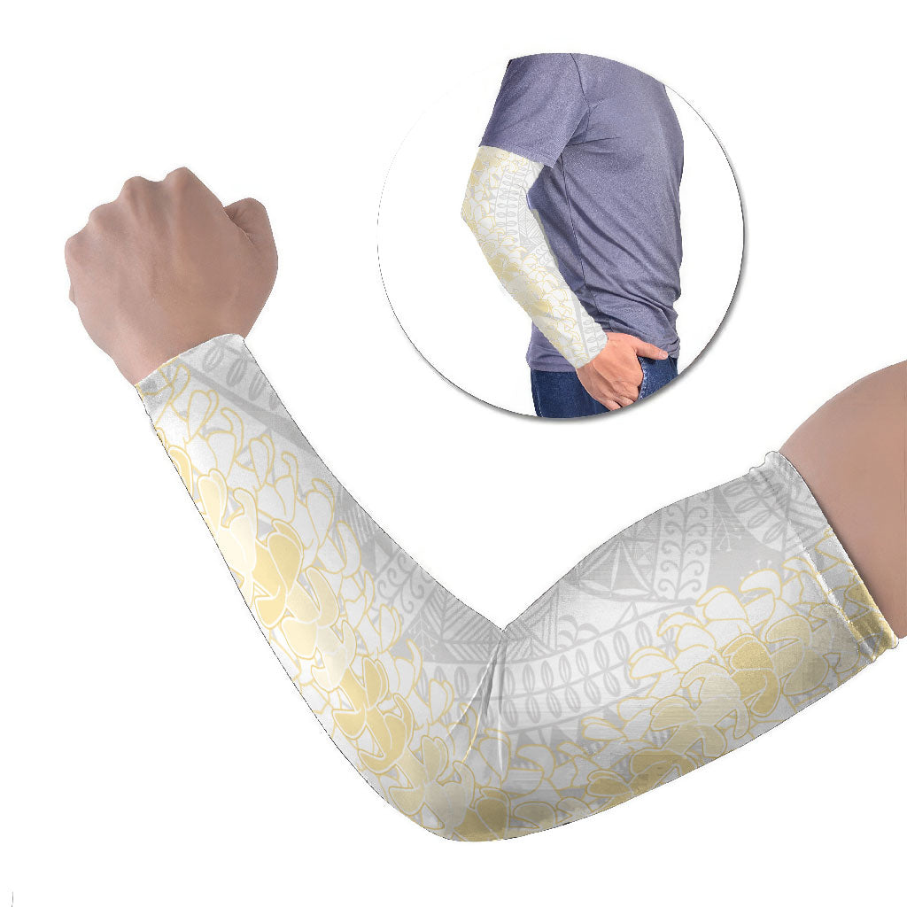 Niue White Sunday Arm Sleeves Niuean Hiapo With Puakenikeni Lei
