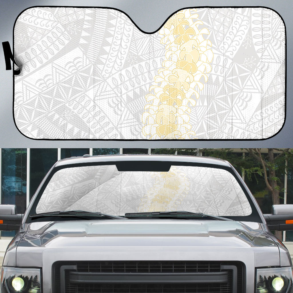 Niue White Sunday Auto Sun Shade Niuean Hiapo With Puakenikeni Lei LT05 White - Polynesian Pride