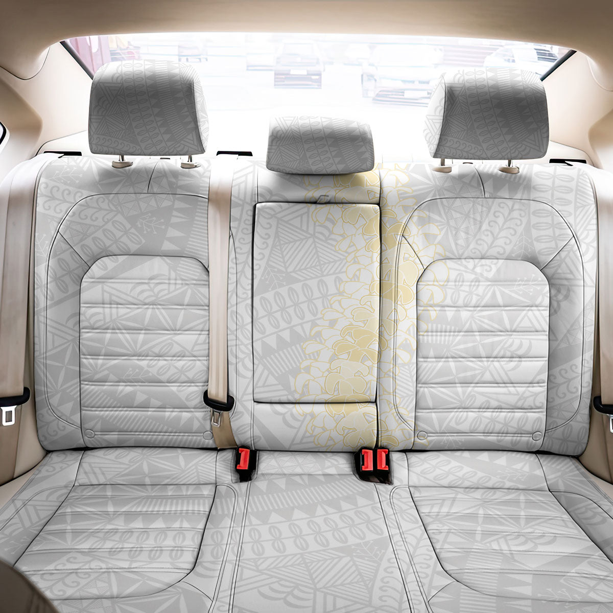 Niue White Sunday Back Car Seat Cover Niuean Hiapo With Puakenikeni Lei