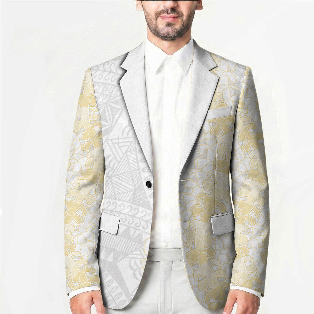 Niue White Sunday Blazer Niuean Hiapo With Puakenikeni Lei