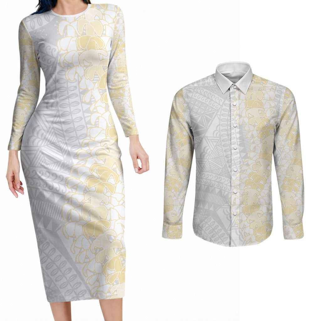 Niue White Sunday Couples Matching Long Sleeve Bodycon Dress and Long Sleeve Button Shirt Niuean Hiapo With Puakenikeni Lei LT05 White - Polynesian Pride