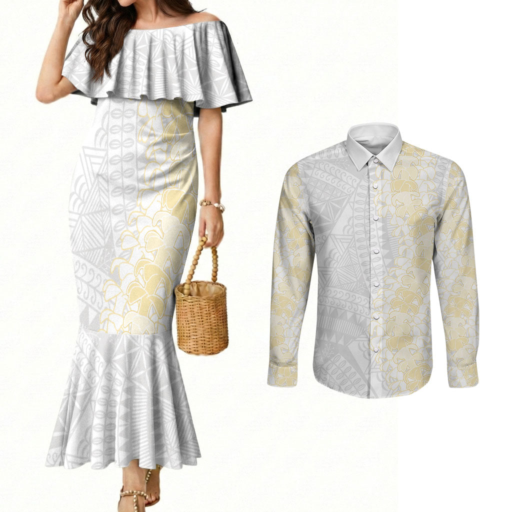 Niue White Sunday Couples Matching Mermaid Dress and Long Sleeve Button Shirt Niuean Hiapo With Puakenikeni Lei LT05 White - Polynesian Pride
