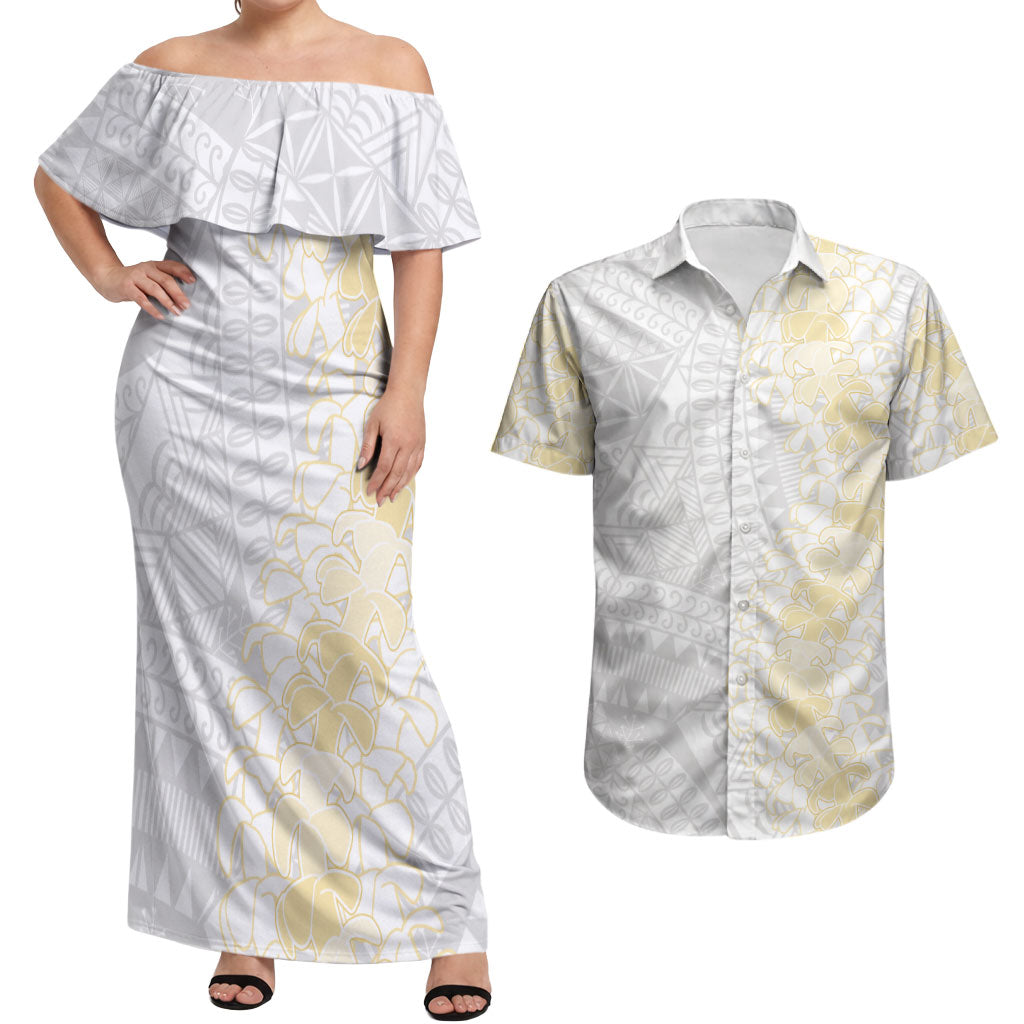 Niue White Sunday Couples Matching Off Shoulder Maxi Dress and Hawaiian Shirt Niuean Hiapo With Puakenikeni Lei LT05 White - Polynesian Pride