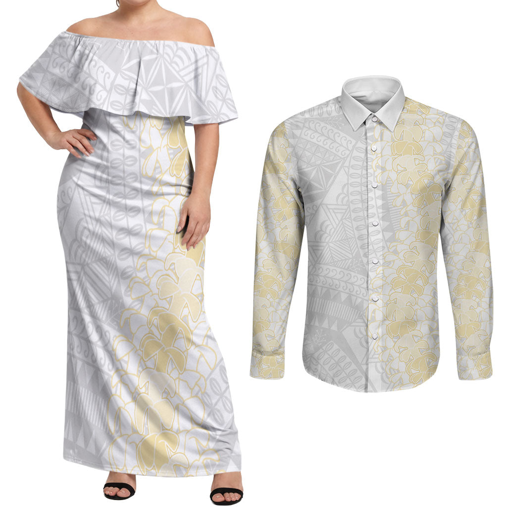Niue White Sunday Couples Matching Off Shoulder Maxi Dress and Long Sleeve Button Shirt Niuean Hiapo With Puakenikeni Lei LT05 White - Polynesian Pride