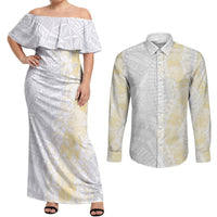 Niue White Sunday Couples Matching Off Shoulder Maxi Dress and Long Sleeve Button Shirt Niuean Hiapo With Puakenikeni Lei