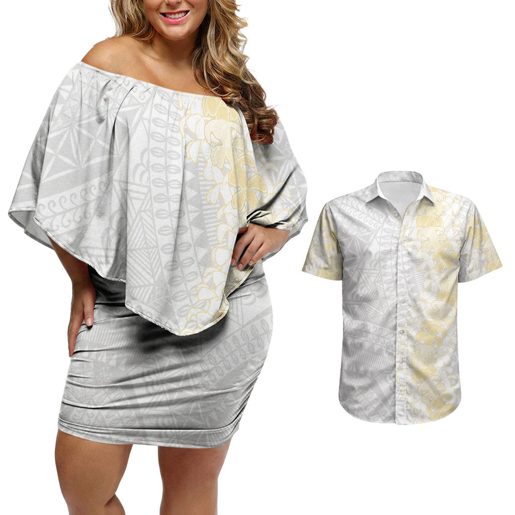 Niue White Sunday Couples Matching Off Shoulder Short Dress and Hawaiian Shirt Niuean Hiapo With Puakenikeni Lei LT05 White - Polynesian Pride