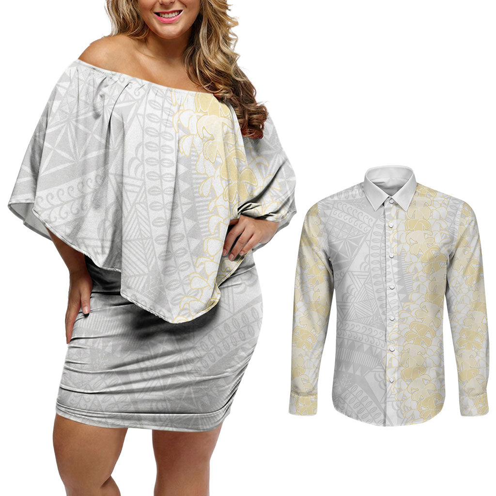 Niue White Sunday Couples Matching Off Shoulder Short Dress and Long Sleeve Button Shirt Niuean Hiapo With Puakenikeni Lei LT05 White - Polynesian Pride