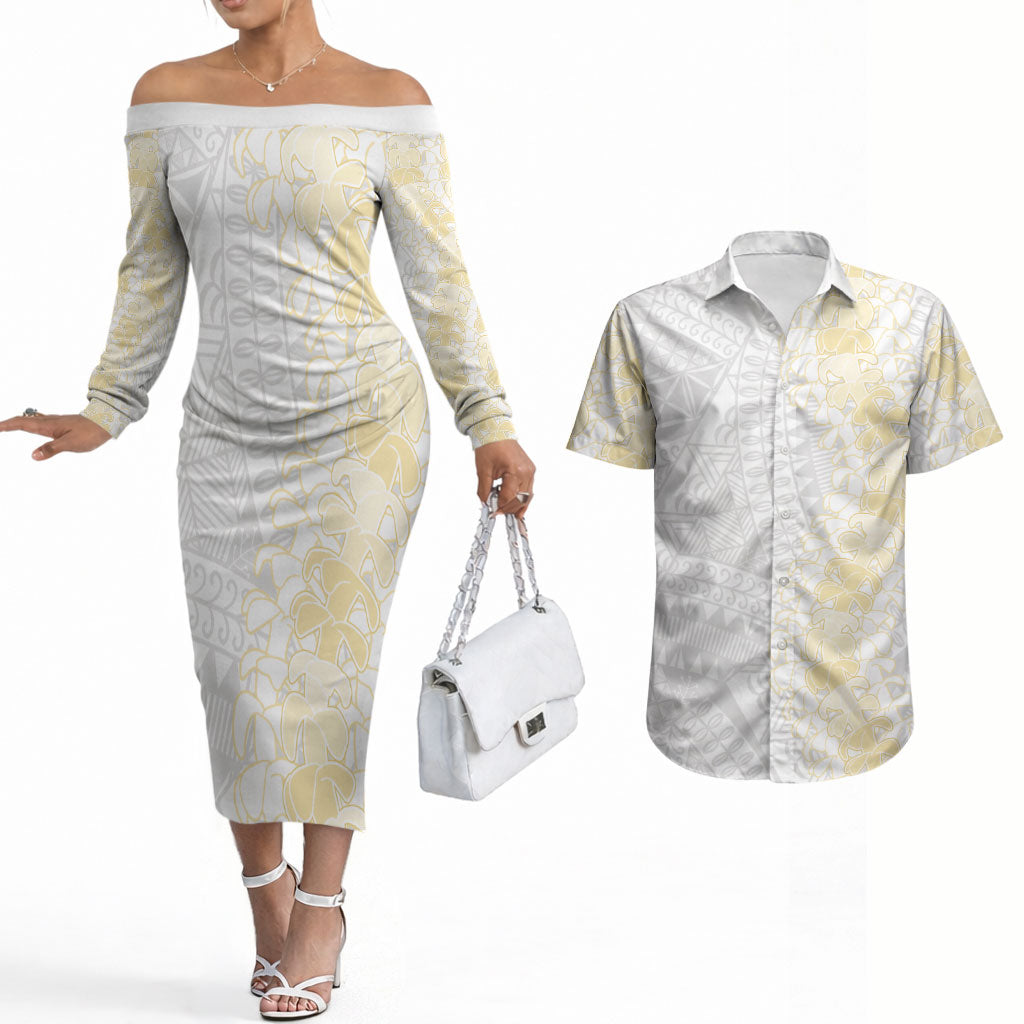 Niue White Sunday Couples Matching Off The Shoulder Long Sleeve Dress and Hawaiian Shirt Niuean Hiapo With Puakenikeni Lei LT05 White - Polynesian Pride