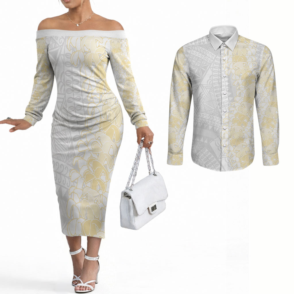 Niue White Sunday Couples Matching Off The Shoulder Long Sleeve Dress and Long Sleeve Button Shirt Niuean Hiapo With Puakenikeni Lei LT05 White - Polynesian Pride
