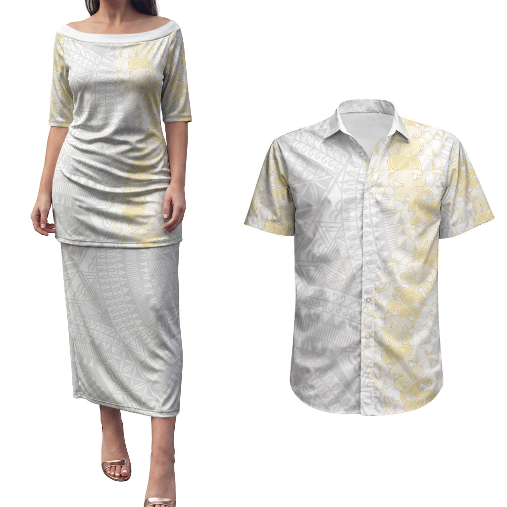 Niue White Sunday Couples Matching Puletasi and Hawaiian Shirt Niuean Hiapo With Puakenikeni Lei LT05 White - Polynesian Pride