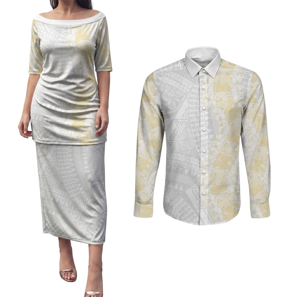 Niue White Sunday Couples Matching Puletasi and Long Sleeve Button Shirt Niuean Hiapo With Puakenikeni Lei LT05 White - Polynesian Pride