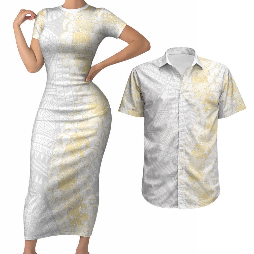 Niue White Sunday Couples Matching Short Sleeve Bodycon Dress and Hawaiian Shirt Niuean Hiapo With Puakenikeni Lei LT05 White - Polynesian Pride