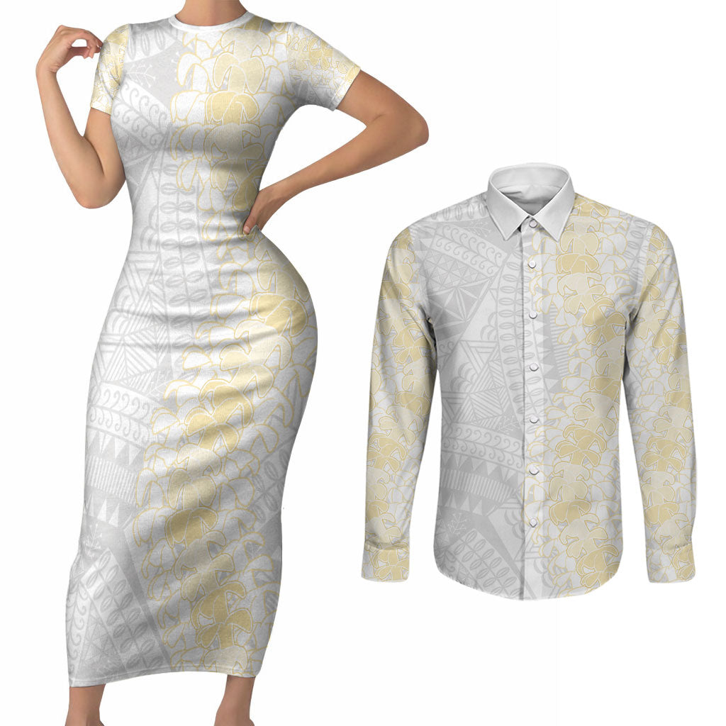 Niue White Sunday Couples Matching Short Sleeve Bodycon Dress and Long Sleeve Button Shirt Niuean Hiapo With Puakenikeni Lei LT05 White - Polynesian Pride
