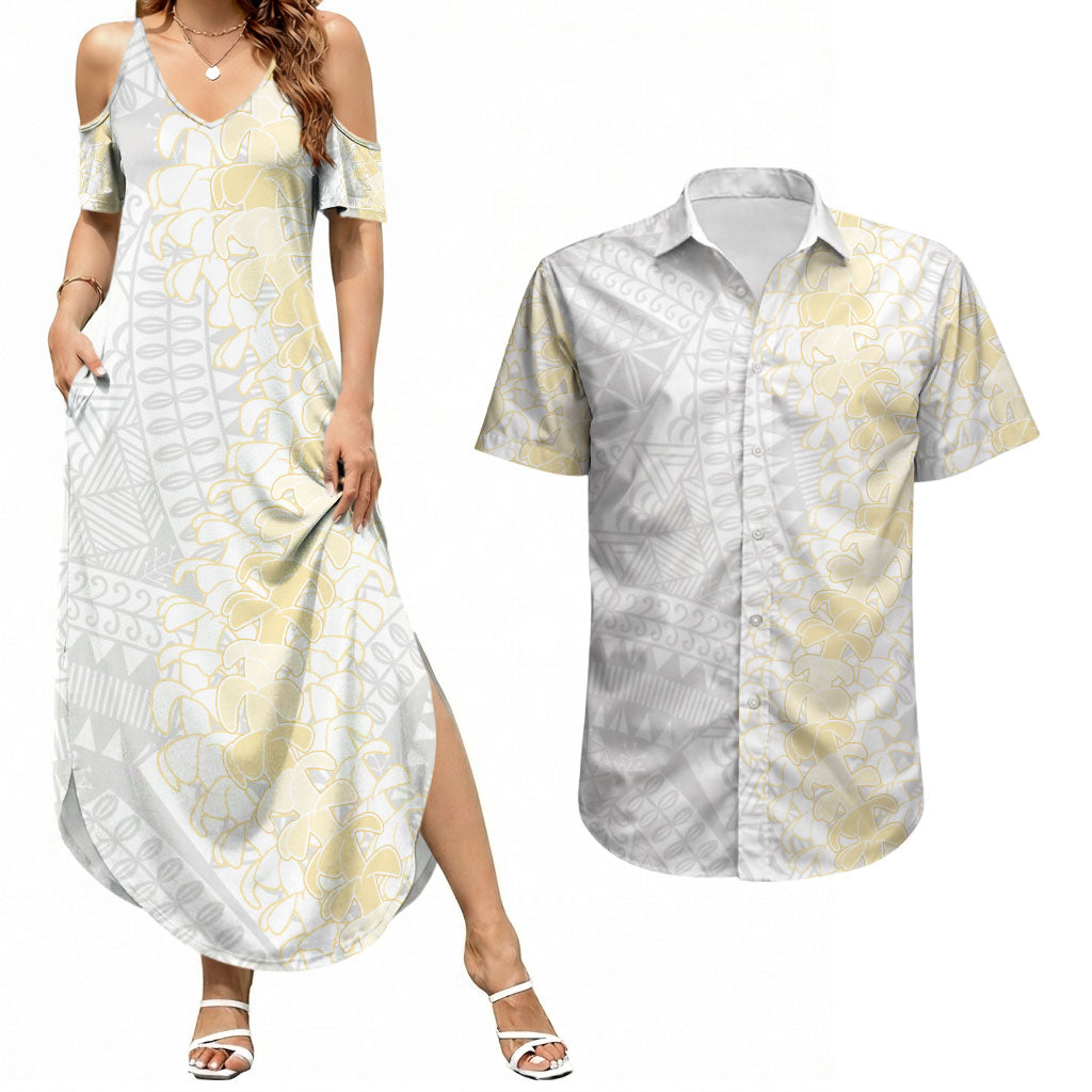 Niue White Sunday Couples Matching Summer Maxi Dress and Hawaiian Shirt Niuean Hiapo With Puakenikeni Lei LT05 White - Polynesian Pride