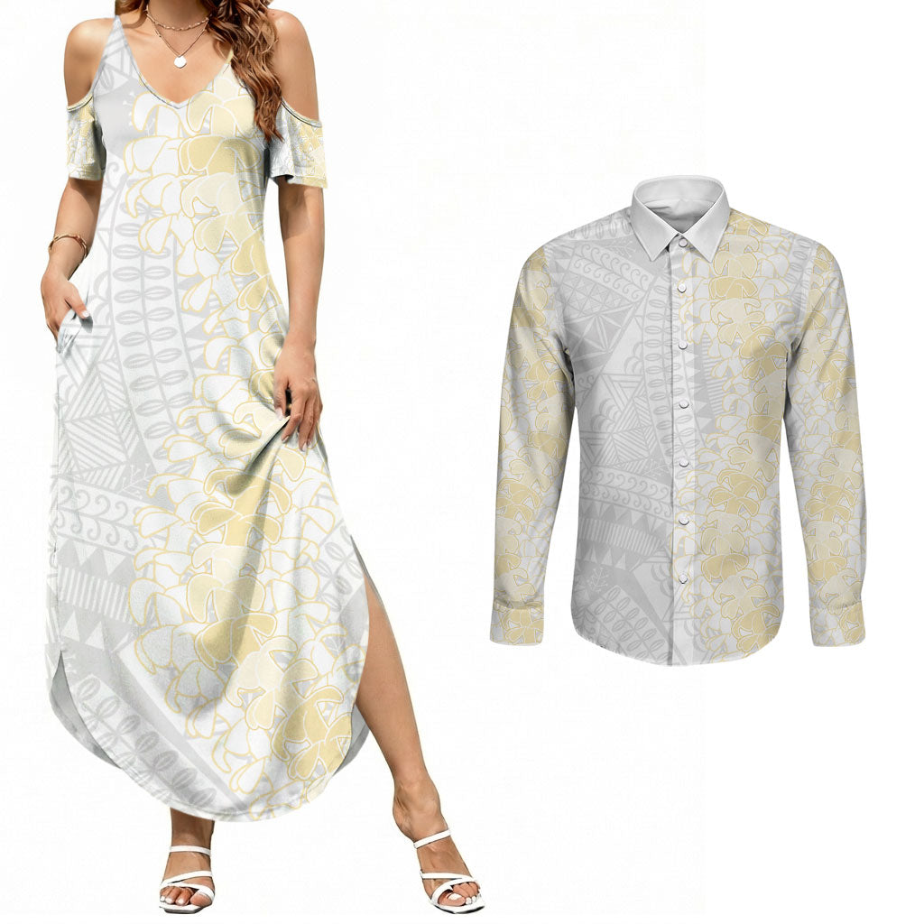 Niue White Sunday Couples Matching Summer Maxi Dress and Long Sleeve Button Shirt Niuean Hiapo With Puakenikeni Lei LT05 White - Polynesian Pride