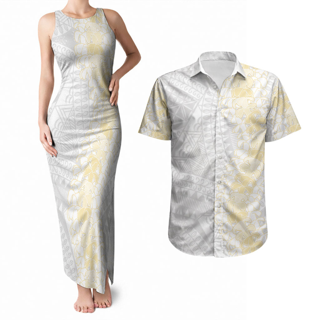 Niue White Sunday Couples Matching Tank Maxi Dress and Hawaiian Shirt Niuean Hiapo With Puakenikeni Lei LT05 White - Polynesian Pride