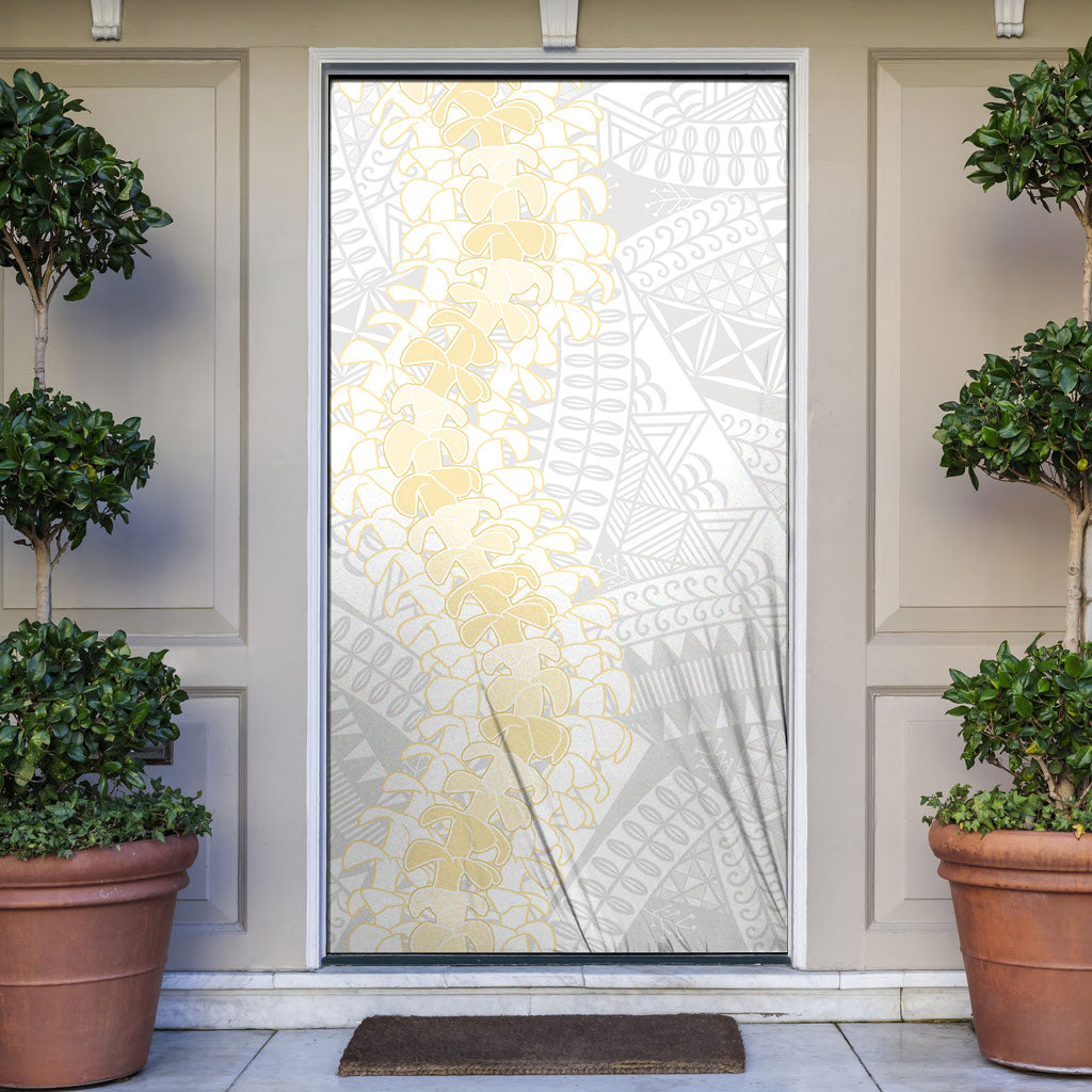 Niue White Sunday Door Cover Niuean Hiapo With Puakenikeni Lei LT05 White - Polynesian Pride