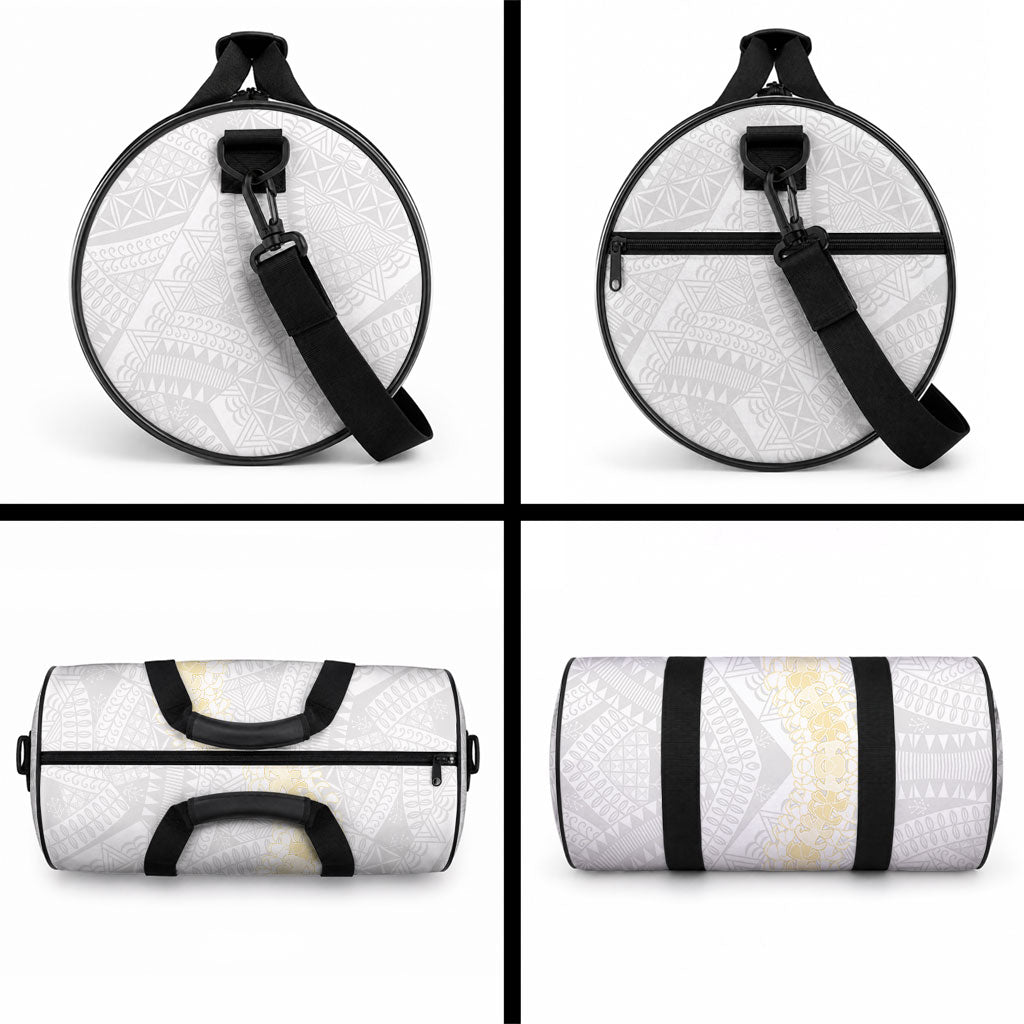 Niue White Sunday Duffle Bag Niuean Hiapo With Puakenikeni Lei