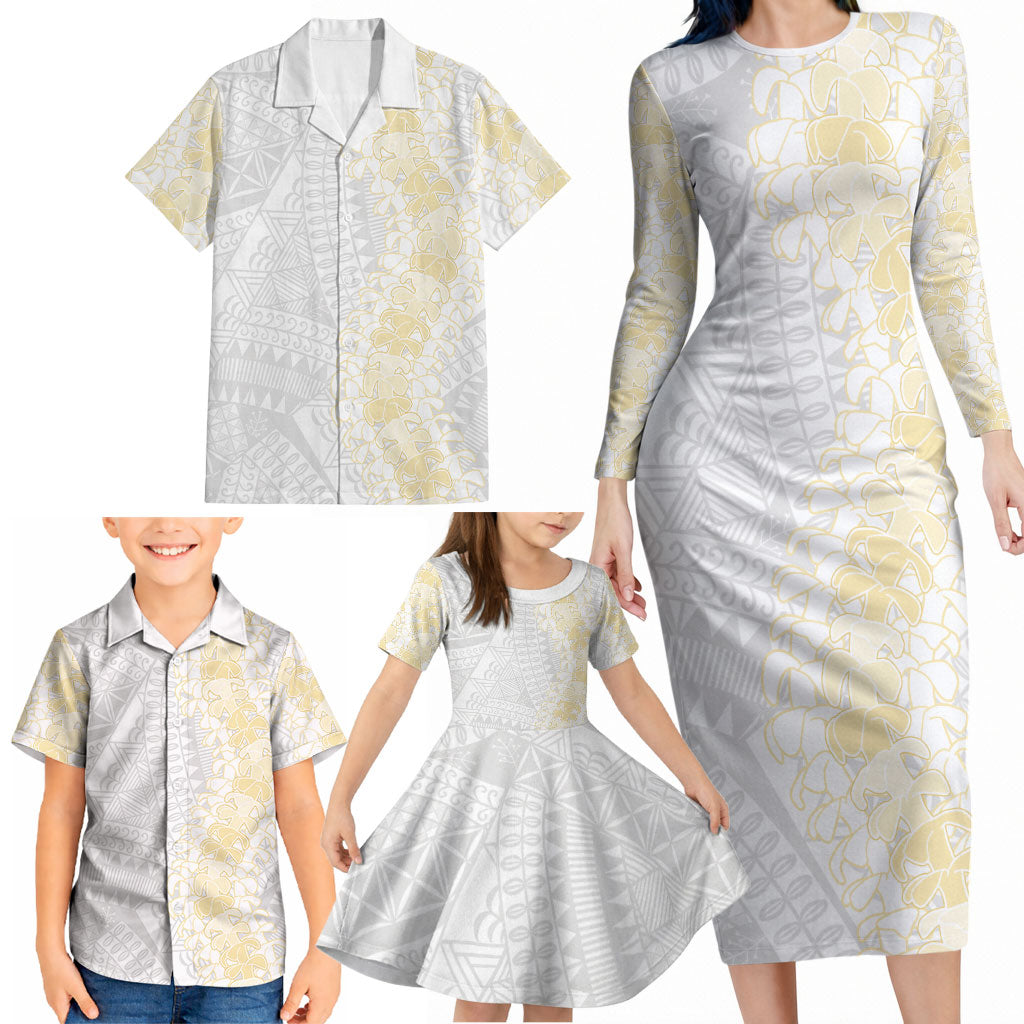 Niue White Sunday Family Matching Long Sleeve Bodycon Dress and Hawaiian Shirt Niuean Hiapo With Puakenikeni Lei LT05 - Polynesian Pride