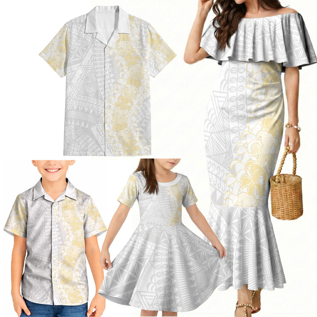 Niue White Sunday Family Matching Mermaid Dress and Hawaiian Shirt Niuean Hiapo With Puakenikeni Lei LT05 - Polynesian Pride