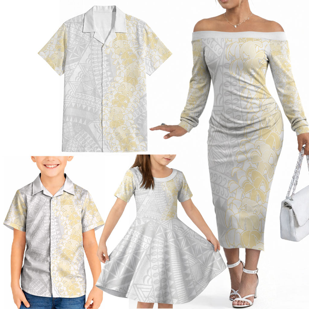 Niue White Sunday Family Matching Off The Shoulder Long Sleeve Dress and Hawaiian Shirt Niuean Hiapo With Puakenikeni Lei LT05 - Polynesian Pride