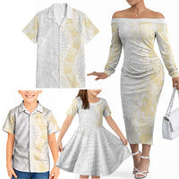 Niue White Sunday Family Matching Off The Shoulder Long Sleeve Dress and Hawaiian Shirt Niuean Hiapo With Puakenikeni Lei
