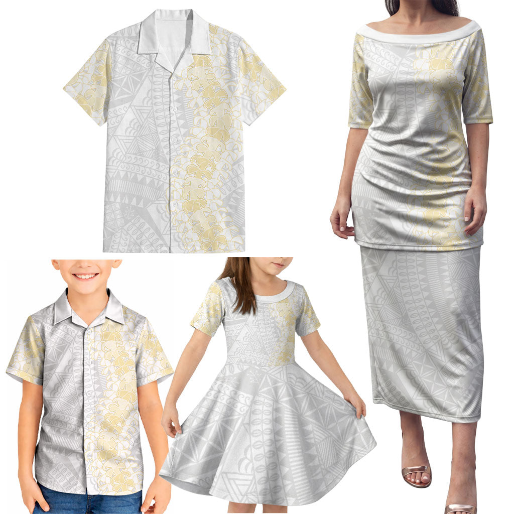 Niue White Sunday Family Matching Puletasi and Hawaiian Shirt Niuean Hiapo With Puakenikeni Lei LT05 - Polynesian Pride
