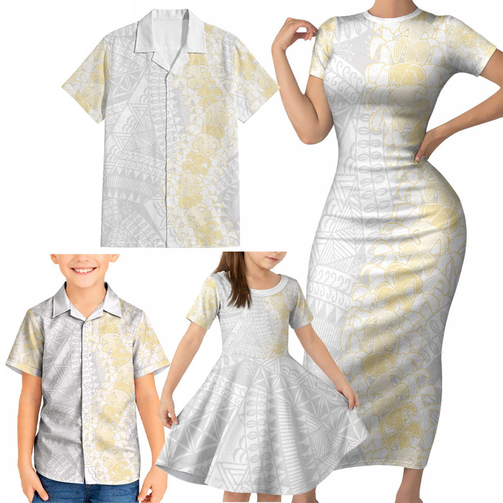 Niue White Sunday Family Matching Short Sleeve Bodycon Dress and Hawaiian Shirt Niuean Hiapo With Puakenikeni Lei LT05 - Polynesian Pride