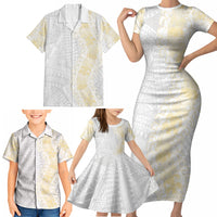 Niue White Sunday Family Matching Short Sleeve Bodycon Dress and Hawaiian Shirt Niuean Hiapo With Puakenikeni Lei