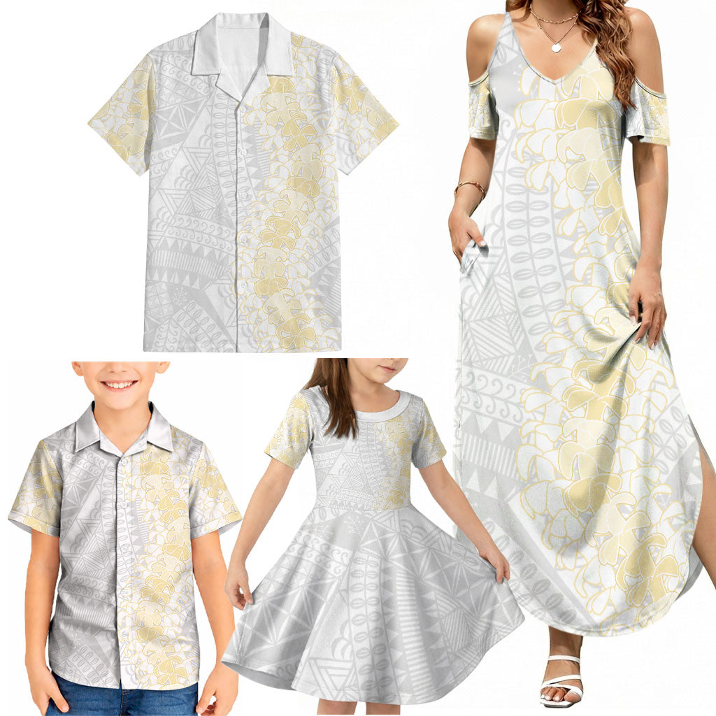 Niue White Sunday Family Matching Summer Maxi Dress and Hawaiian Shirt Niuean Hiapo With Puakenikeni Lei