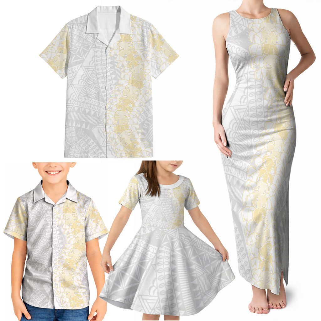 Niue White Sunday Family Matching Tank Maxi Dress and Hawaiian Shirt Niuean Hiapo With Puakenikeni Lei LT05 - Polynesian Pride