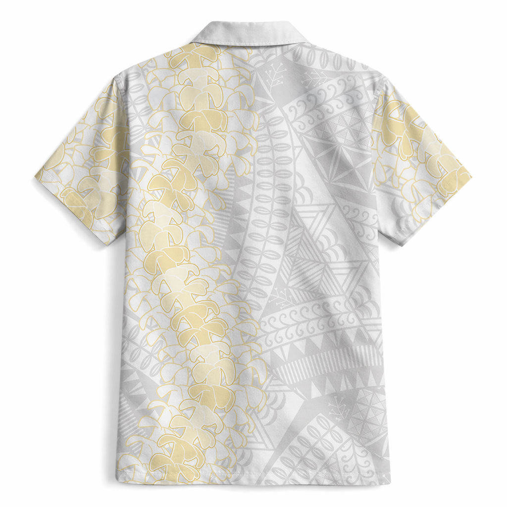 Niue White Sunday Hawaiian Shirt Niuean Hiapo With Puakenikeni Lei