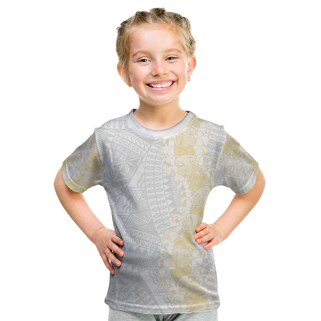 Niue White Sunday Kid T Shirt Niuean Hiapo With Puakenikeni Lei LT05 White - Polynesian Pride