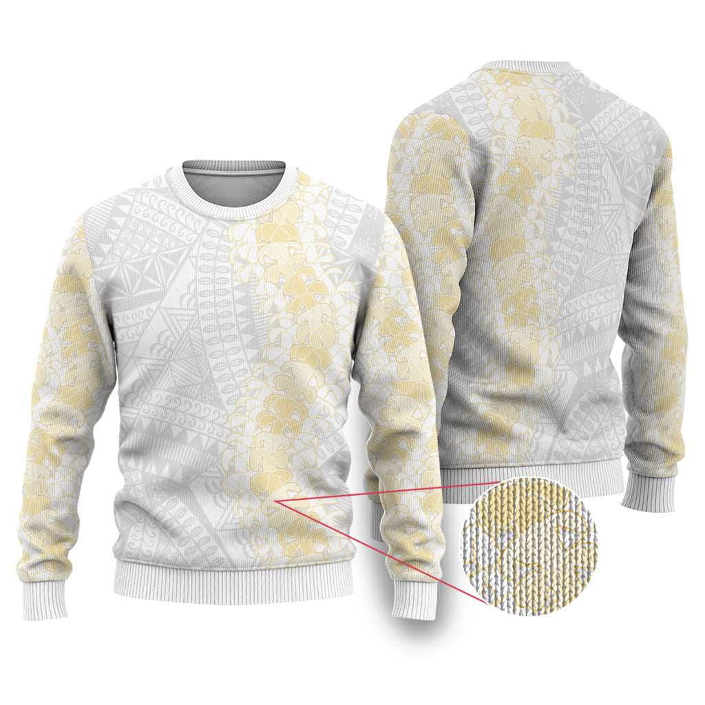 Niue White Sunday Ugly Christmas Sweater Niuean Hiapo With Puakenikeni Lei