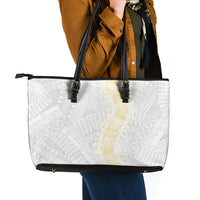 Niue White Sunday Leather Tote Bag Niuean Hiapo With Puakenikeni Lei