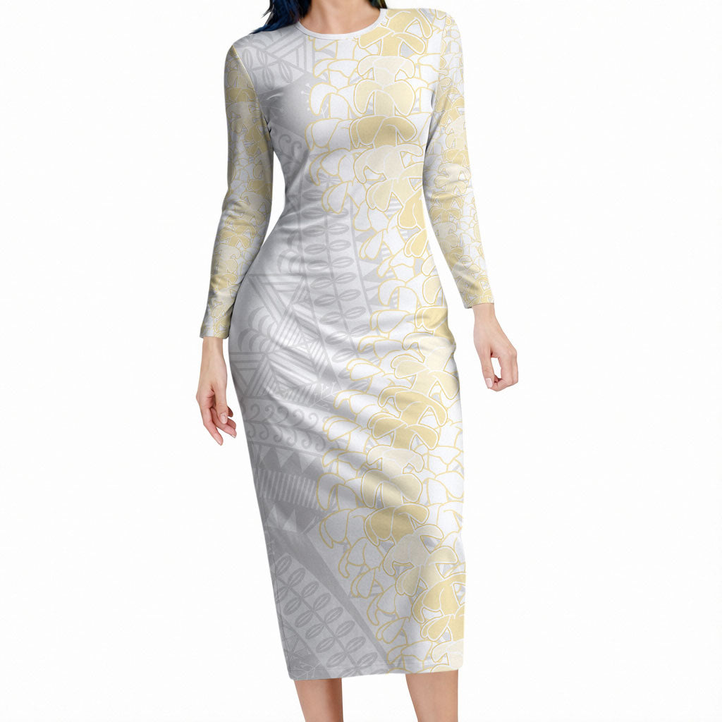 Niue White Sunday Long Sleeve Bodycon Dress Niuean Hiapo With Puakenikeni Lei