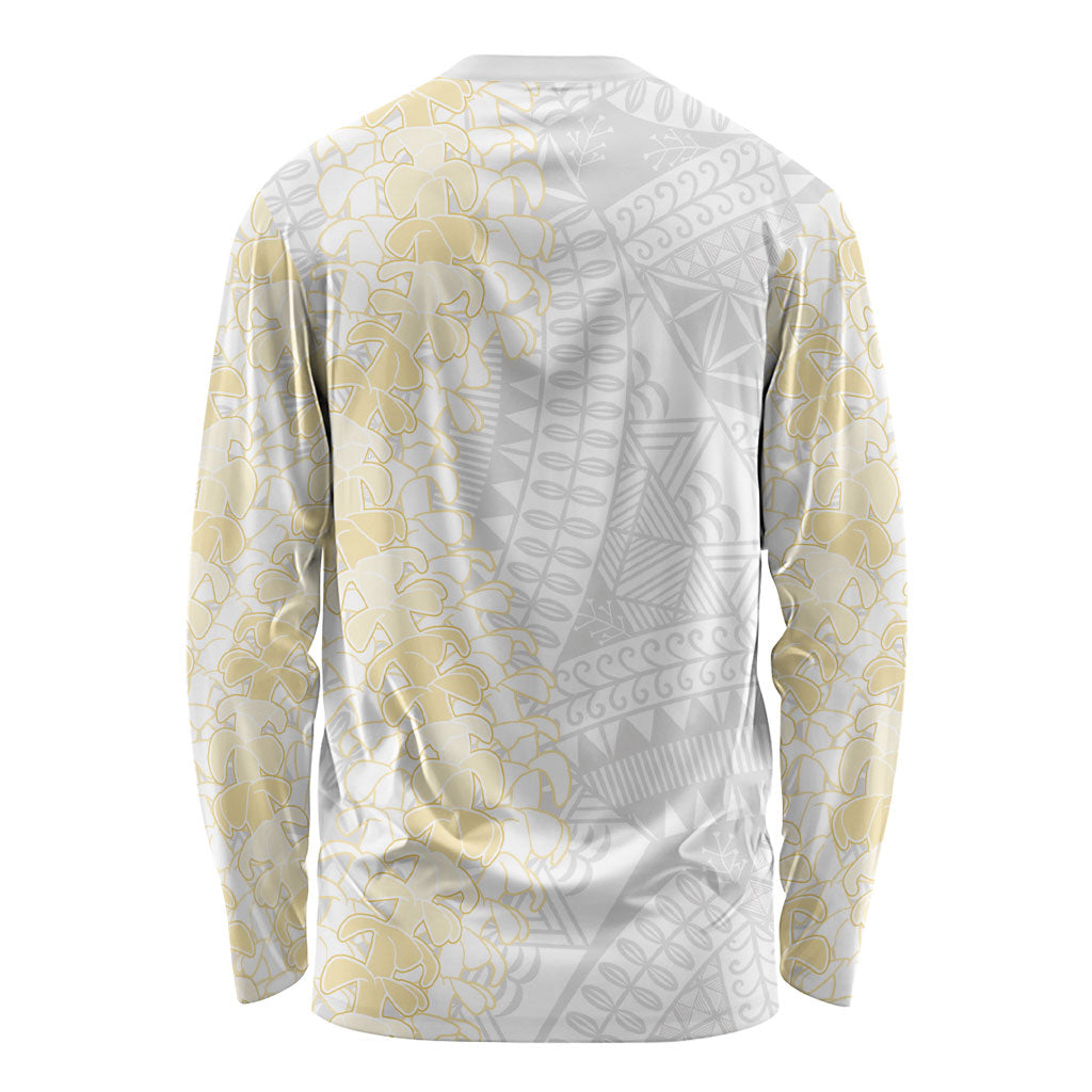 Niue White Sunday Long Sleeve Shirt Niuean Hiapo With Puakenikeni Lei