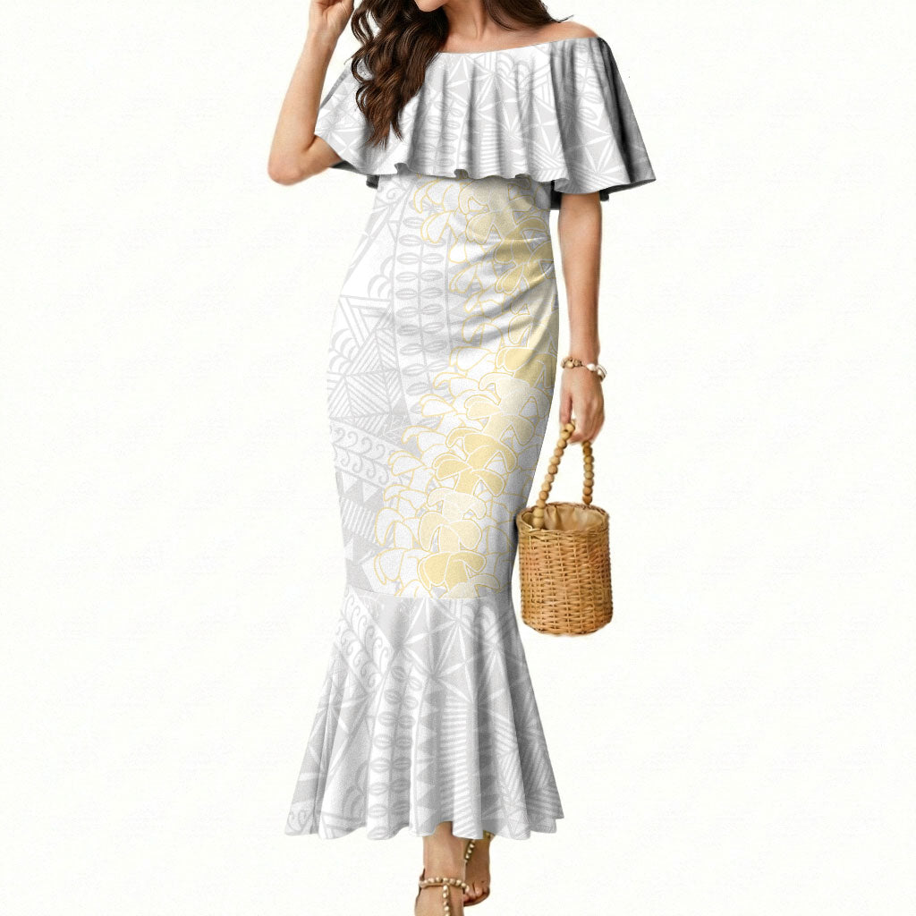 Niue White Sunday Mermaid Dress Niuean Hiapo With Puakenikeni Lei LT05 Women White - Polynesian Pride