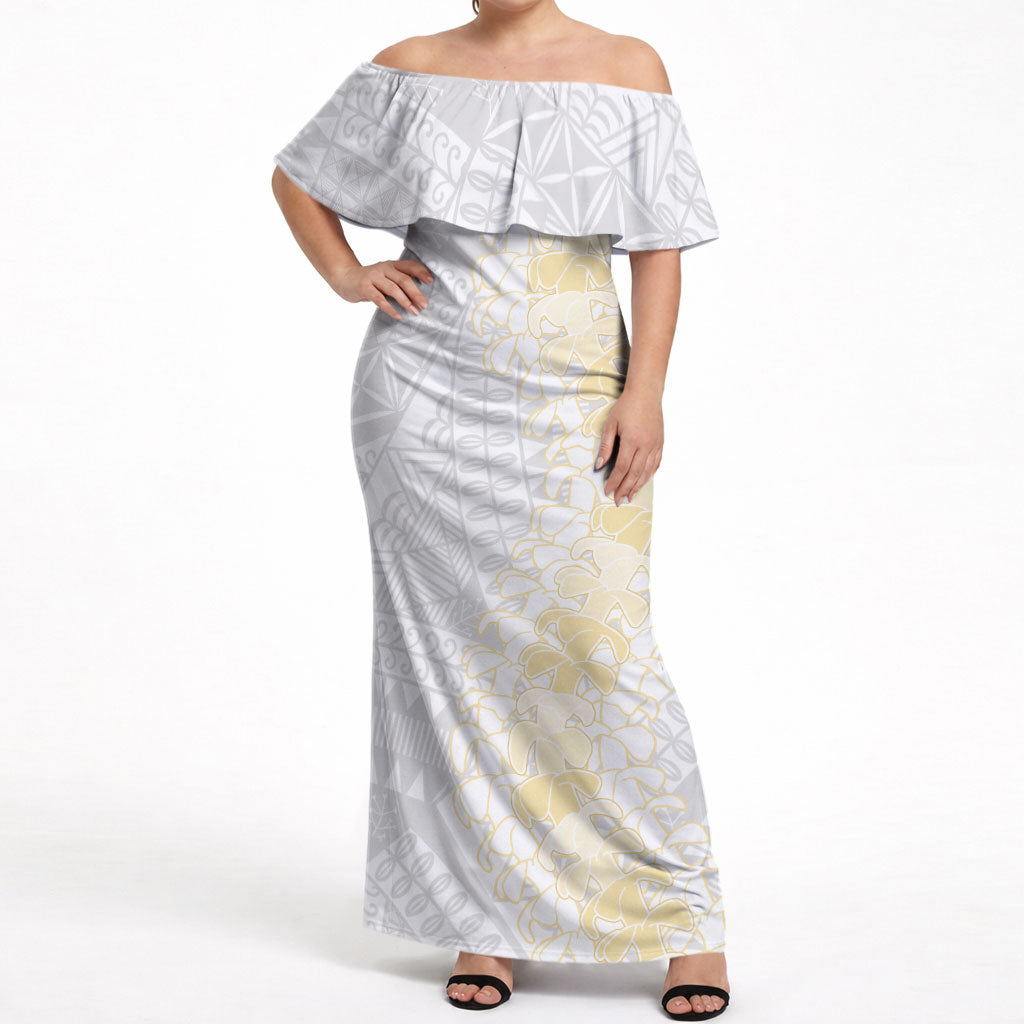 Niue White Sunday Off Shoulder Maxi Dress Niuean Hiapo With Puakenikeni Lei LT05 Women White - Polynesian Pride
