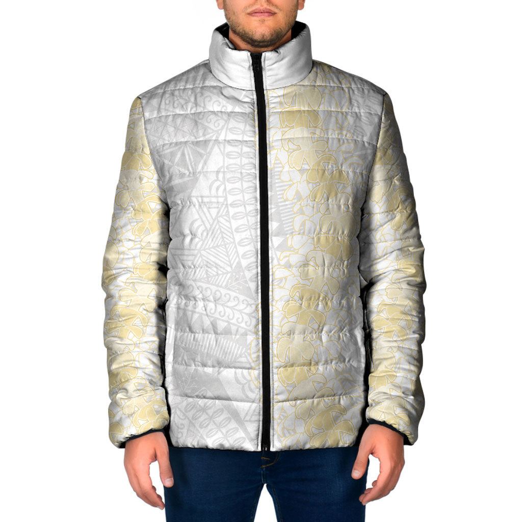 Niue White Sunday Padded Jacket Niuean Hiapo With Puakenikeni Lei LT05 Men White - Polynesian Pride